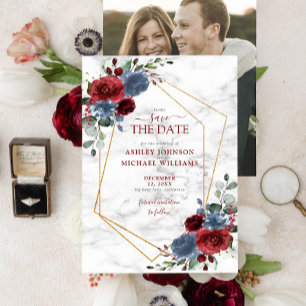 Dusty Blue Burgundy Floral Foto Save the Date