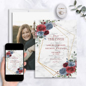 Dusty Blue Burgundy Floral Foto Save the Date