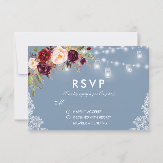 Dusty Blue Burgundy Floral Lace Lights RSVP Kaartje (Voorkant)