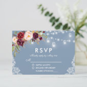 Dusty Blue Burgundy Floral Lace Lights RSVP Kaartje (Staand voorkant)