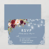 Dusty Blue Burgundy Floral Lace Lights RSVP Kaartje (Voorkant / Achterkant)