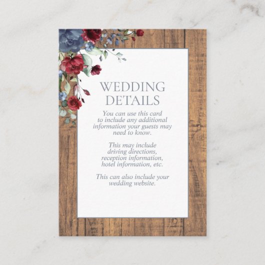Dusty Blue Burgundy Floral Lace Wood Details Informatiekaartje (Voorkant)