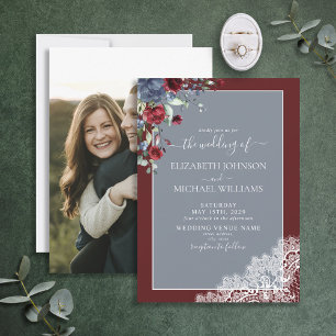 Dusty Blue Burgundy Floral Lace Wood Foto Weduwsch Kaart