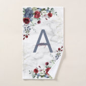 Dusty Blue Burgundy Floral Marble Name Monogram Bad Handdoek (Handdoek)