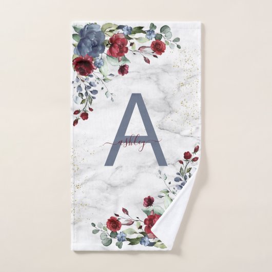 Dusty Blue Burgundy Floral Marble Name Monogram Bad Handdoek (Handdoek)