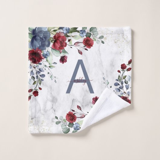 Dusty Blue Burgundy Floral Marble Name Monogram Bad Handdoek (Wasdoekje)