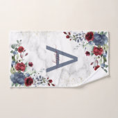 Dusty Blue Burgundy Floral Marble Name Monogram Bad Handdoek (Handdoek)