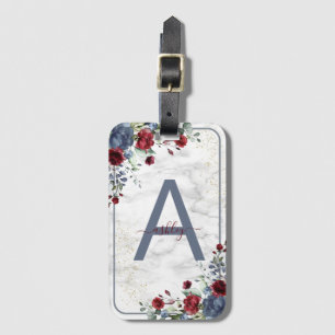Dusty Blue Burgundy Floral Marble Name Monogram Bagagelabel