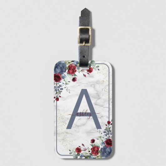 Dusty Blue Burgundy Floral Marble Name Monogram Bagagelabel (Voorkant (verticaal))