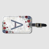 Dusty Blue Burgundy Floral Marble Name Monogram Bagagelabel (Voorkant (horizontaal))