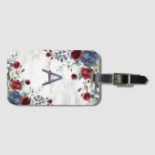 Dusty Blue Burgundy Floral Marble Name Monogram Bagagelabel (Voorkant (horizontaal))