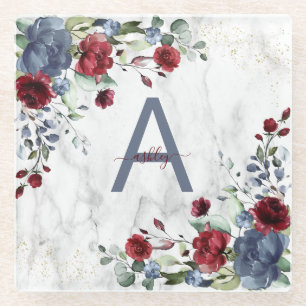 Dusty Blue Burgundy Floral Marble Name Monogram Glazen Onderzetter