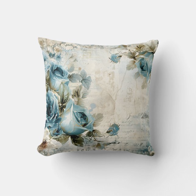 Dusty Blue Burgundy Floral Marble Name Monogram Kussen (Voorkant)