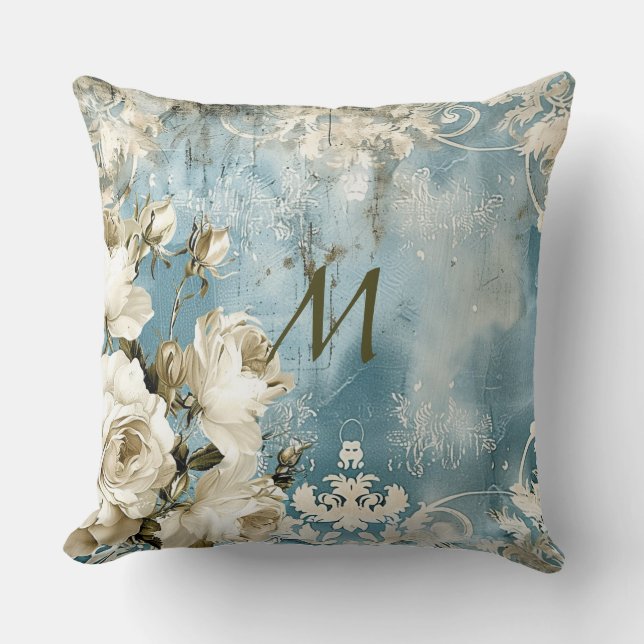 Dusty Blue Burgundy Floral Marble Name Monogram Kussen (Voorkant)