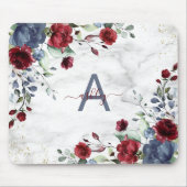 Dusty Blue Burgundy Floral Marble Name Monogram Muismat (Voorkant)