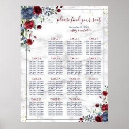 Dusty Blue Burgundy Floral Marble Wedding Seating Poster