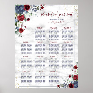 Dusty Blue Burgundy Floral Marble Wedding Seating Poster