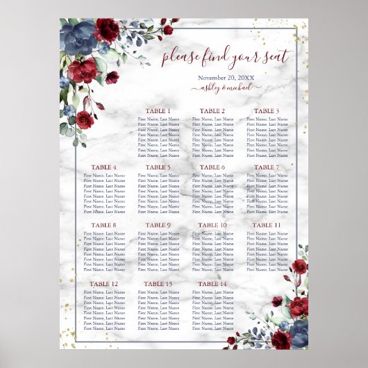 Dusty Blue Burgundy Floral Marble Wedding Seating Poster (Voorkant)