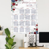 Dusty Blue Burgundy Floral Marble Wedding Seating Poster (Thuiskantoor)