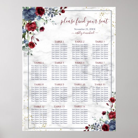 Dusty Blue Burgundy Floral Marble Wedding Seating Poster (Voorkant)