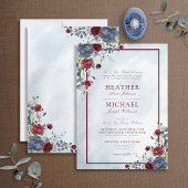 Dusty Blue Burgundy Floral Waterverf Script invull Kaart