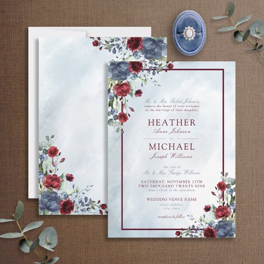 Dusty Blue Burgundy Floral Waterverf Script invull Kaart
