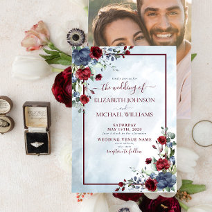 Dusty Blue Burgundy Floral Waterverf Script Kaart