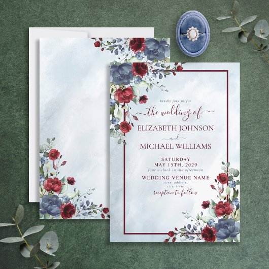 Dusty Blue Burgundy Floral Waterverf Script Kaart