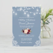 Dusty Blue Burgundy Floral Wedding Lace Lights Kaart (Staand voorkant)