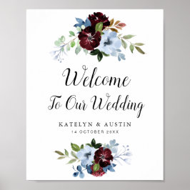 Dusty blue burgundy floral welkomstbord poster