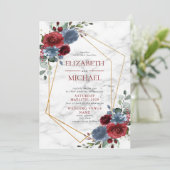 Dusty Blue Burgundy Geometric Floral Marble Spring Kaart (Staand voorkant)