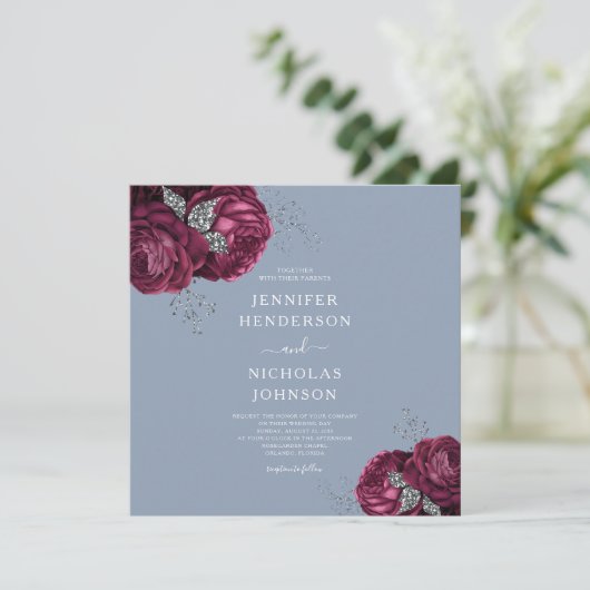 Dusty Blue Burgundy Peonies Elegant Wedding Kaart (Staand voorkant)