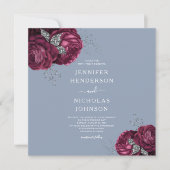 Dusty Blue Burgundy Peonies Elegant Wedding Kaart (Voorkant)