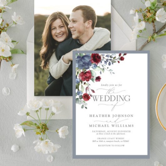 Dusty Blue Burgundy Red Floral Waterverf Foto Kaart