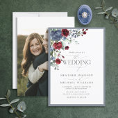 Dusty Blue Burgundy Red Floral Waterverf Foto Kaart