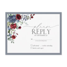Dusty Blue Burgundy Red Floral Waterverf RSVP