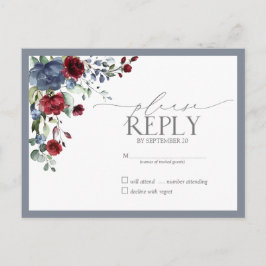 Dusty Blue Burgundy Red Floral Waterverf RSVP Uitnodiging Briefkaart