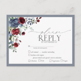 Dusty Blue Burgundy Red Floral Waterverf RSVP Uitnodiging Briefkaart
