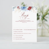 Dusty Blue Burgundy Red Flowers Wedding RSVP (Staand voorkant)