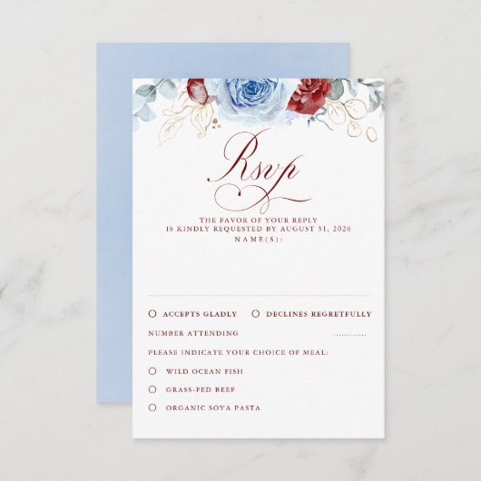 Dusty Blue Burgundy Red Flowers Wedding RSVP (Voorkant / Achterkant)
