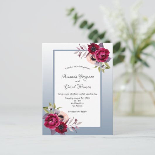 Dusty blue burgundy-uitnodiging voor bruiloft briefkaart (Staand voorkant)