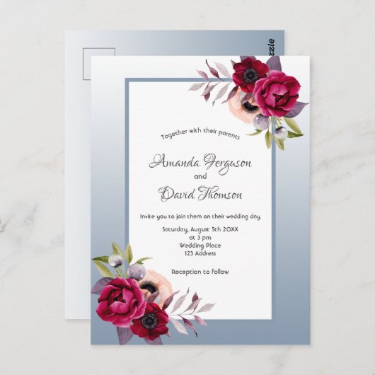 Dusty blue burgundy-uitnodiging voor bruiloft briefkaart (Voorkant / Achterkant)