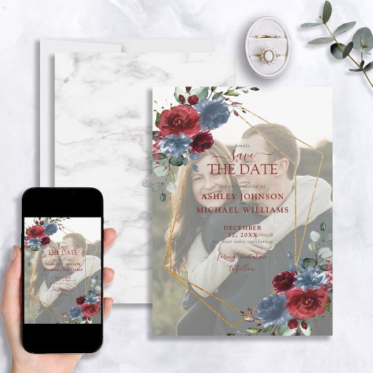 Dusty Blue Burgundy Vellum Photo Save the Date