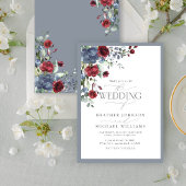 Dusty Blue Burgundy Waterverf Floral Wedding Kaart
