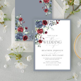 Dusty Blue Burgundy Waterverf Floral Wedding Kaart