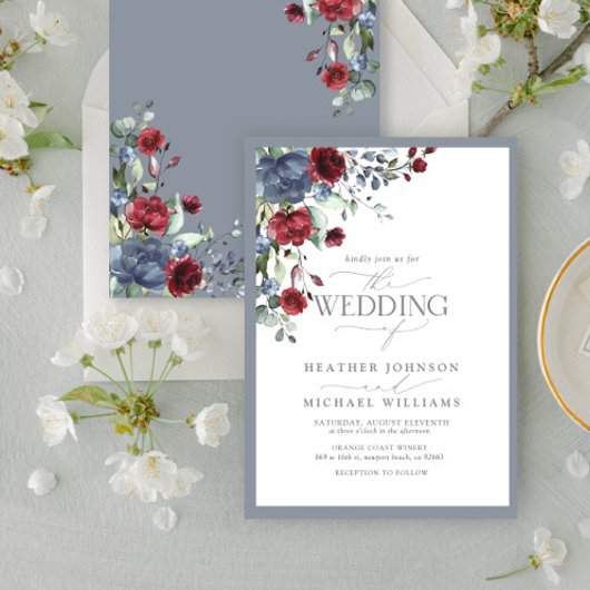 Dusty Blue Burgundy Waterverf Floral Wedding Kaart