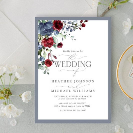 Dusty Blue Burgundy Waterverf Floral Wedding Kaart