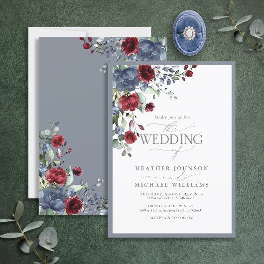 Dusty Blue Burgundy Waterverf Floral Wedding Kaart