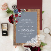 Dusty Blue Burgundy Wood Lace Script Weduwschap Kaart