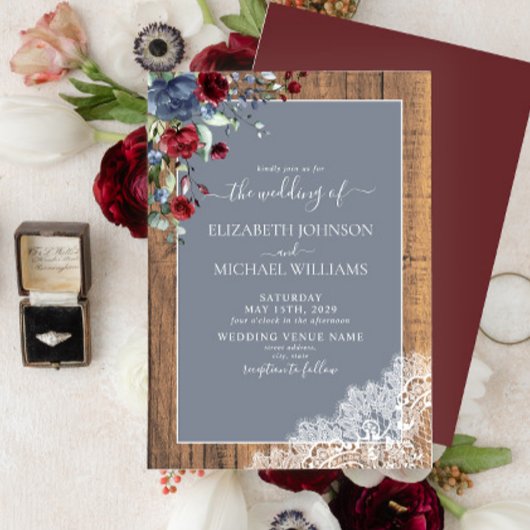 Dusty Blue Burgundy Wood Lace Script Weduwschap Kaart